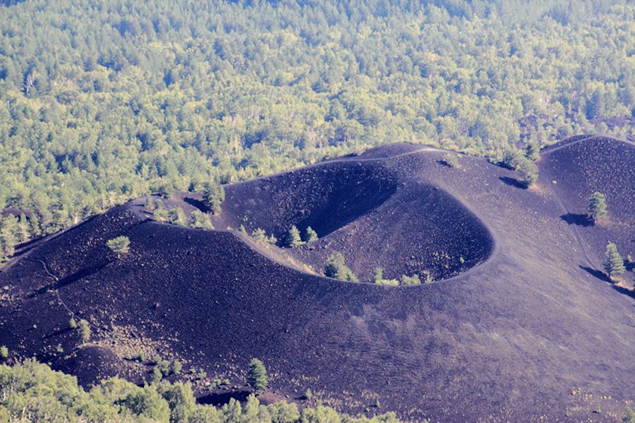 the photo shows a crater of Etna surrounded by lush green nature that stands out for its black color and the photo was taken by Geo Etna Explorer